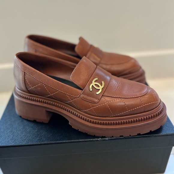 CHANEL Shoes - CHANEL Brown Quilted Leather Platform Loafers with Gold CC
